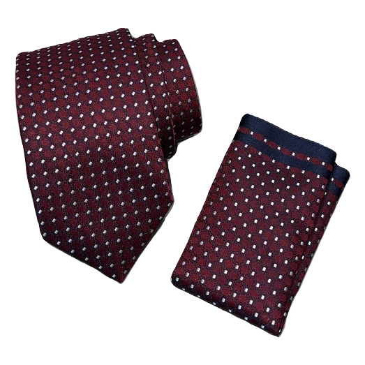 Corbata granate con dibujo marino y punto gris. Pañuelo a juego con ribete marino.