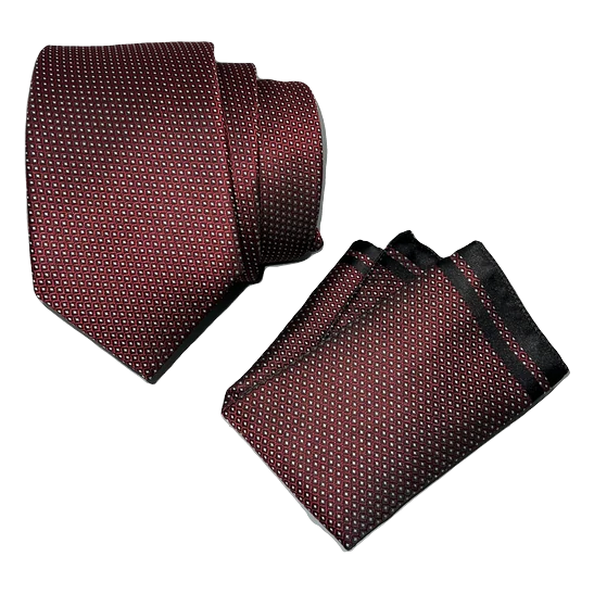 Corbata burdeos con pequeño cuadro negro y gris. Pañuelo a juego con ribete negro.