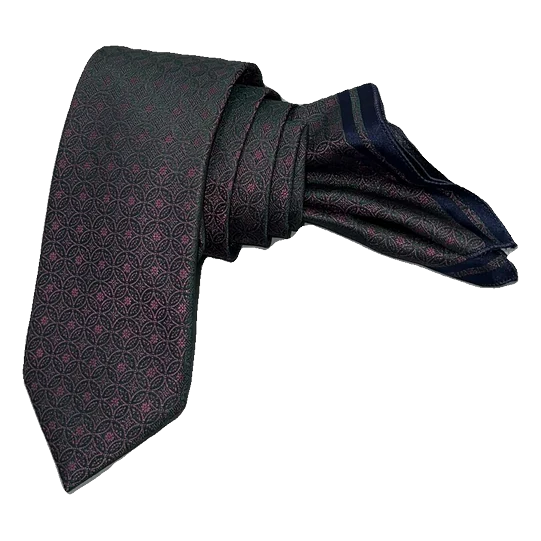 Corbata tornasolada en burdeos y marino con dibujo. Pañuelo a juego con ribete marino.