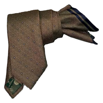 Corbata cobre con topos marino y blanco. Pañuelo a juego con ribete marino.