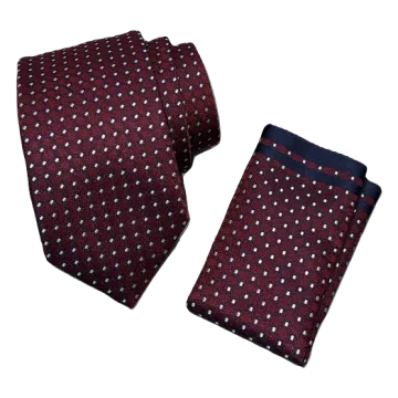 Corbata granate con dibujo marino y punto gris. Pañuelo a juego con ribete marino.