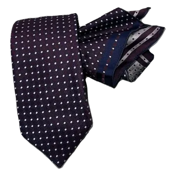 Corbata burdeos, con dibujo en marino y punto en gris claro. Pañuelo a juego con ribete marino.