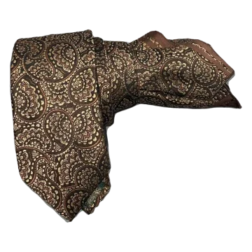 Corbata con cachemir en tonos oro y marrón efecto tornasol. Pañuelo a juego con ribete marrón.